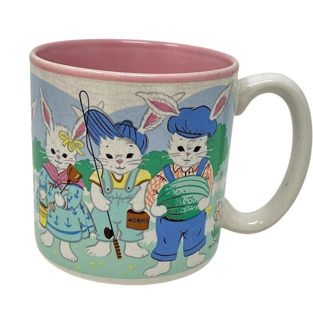 Potpourri Press Vintage Bunny Summer Scene‎ Coffee Mug Pink Interior Crazing